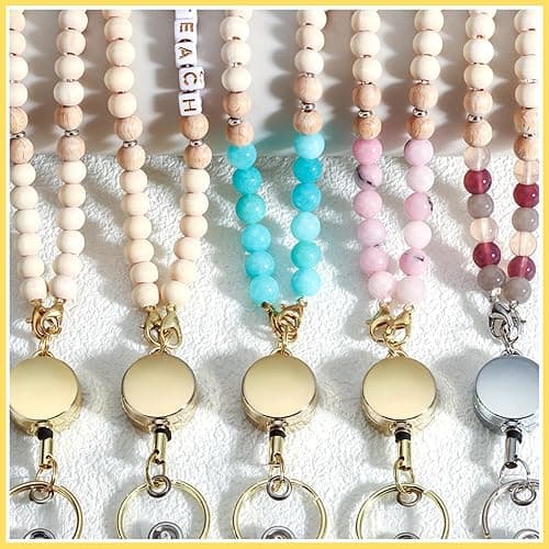 YAVVOZH Teacher Lanyard with Id Holder, Cute Lanyards for Id Badges Keys, Retractable Natural Wooden Beaded Lanyard for Women, Gold Teach thumbnail 4