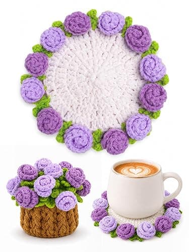KQJS Crochet Flower Bouquet Coasters, Cotton Rose Gifts for Home Decor 1Pc | Purple Flower Blanket Bouquet Decorations for Living Room Desk, Cute Gifts for Mothers Day, Birthday, Christmas, Thank You - Image 1