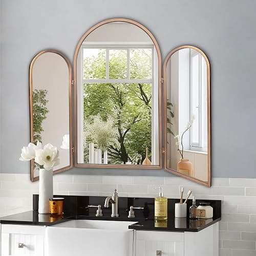 BAODANFU 3 Way Mirror Bathroom, Trifold Vanity Mirrors for Bathroom Bedroom, Large Arch Mirrors Decorative Vintage Gold, Adjustable Makeup Mirror for Braiding Hair 360° Way Tabletop & Wall Mounted thumbnail 3