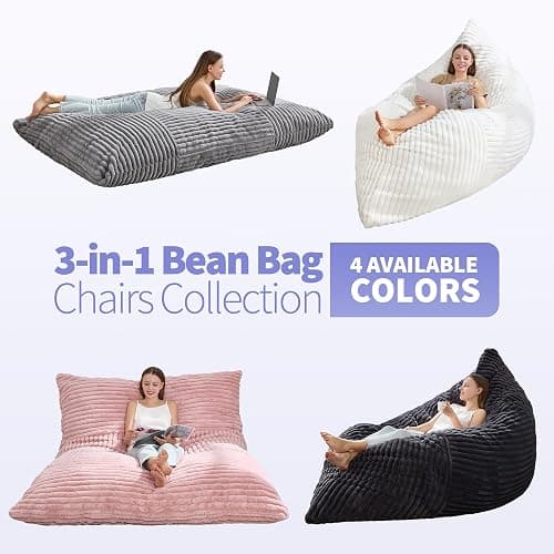 Hobestluk 3 in 1 Bean Bag Chair Giant Bean Bag Chairs Convertible Bean Bag Floor Cushion with Machine Washable Cover, Beanbag Chairs for Adult (Dark Grey) thumbnail 8