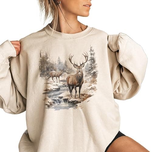 Vintage Deer Wilderness Scene - 90s Vintage Deer Sweatshirt - Scenic Winter Nature Sweater - Unisex Graphic Crewneck Sweatshirt thumbnail 7