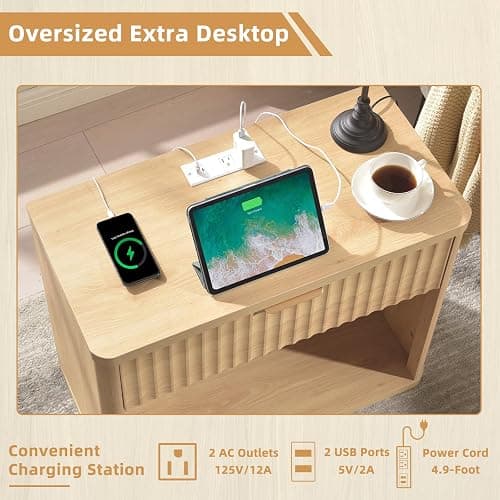 LEYAOYAO 31" Wide Fluted Nightstand with Charging Station, Oversized Extra Large 1 Drawer Night Stand with Golden Handle, Natural Wood Bedside Table Tall End Tables,for Bedroom, Living Room, Hallway thumbnail 5