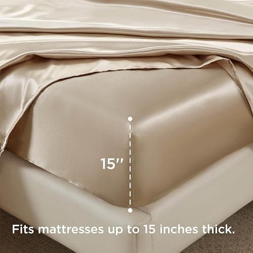 Bedsure Satin Sheets Queen Size - 4 Piece Silky Bedsheets with 15 Inches Deep Pocket Fitted Bedsheet,1 Flat Sheet, 2 Satin Pillowcases, Good for Hair & Skin (Queen, Khaki) thumbnail 2
