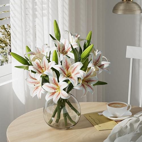 DBCMEW 6PCS Artificial Lilies Set, Short Stem Artificial Flowers with 12 Heads Fully Bloomed Lilies and 6 Buds for Office/Wedding/Home Decoration/Party/Flower Arrangment/Bonquet DIY/Grave thumbnail 6