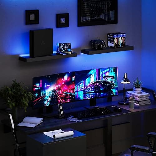 BAMEOS Floating Shelves with LED for Wall, Sturdy Shelves with RGB Light, Wall Mounted Display Shelves, Set of 2, Hanging Shelf for Bathroom, Bedroom, Kitchen, Living Room Storage, Black thumbnail 2