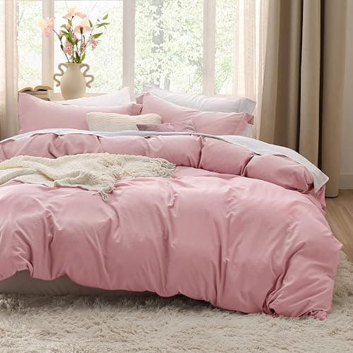 Bedsure Pink Duvet Cover Queen Size - 3 Pieces Prewashed Cotton-Like Extra Soft Bedding Set, Includes 1 Duvet Cover 90x90 Inches with Zipper Closure & 2 Pillow Shams, Comforter Not Included - Image 1