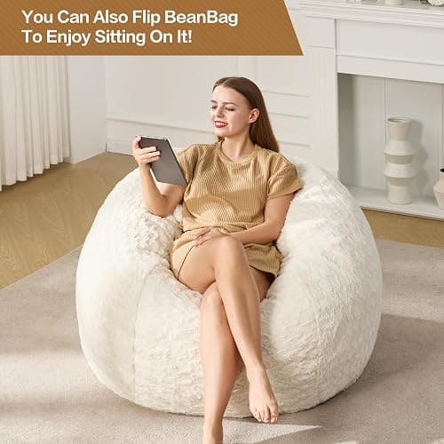 Hobestluk 3ft Bean Bag Chairs for Adults Large Beanbag Chair with Chevron Plush Fur Cover Big Bean Bag Chair for Living Room Bedroom Dorm Office - White (36” x 36” x 22”) thumbnail 3