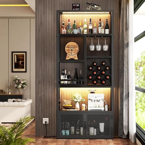 Armocity 82.6" Tall Bar Cabinet with Power Outlets & LED Lights, Liquor Cabinet Bar for Home, Reversible Coffee Station Wine Cabinet with Glass Holder & Wine Rack for Small Space, Black thumbnail 8