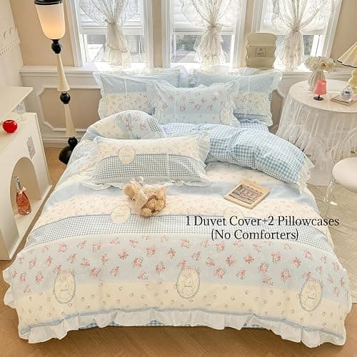 AMZTOP Cute White Ruffle Duvet Cover Set Queen Size Reversible Blue Floral Plaid Comforter Cover with 2 Pillowcases 100% Cotton Romantic Kawaii Bedding Set with Zipper Closure, Queen 90 * 90” thumbnail 2
