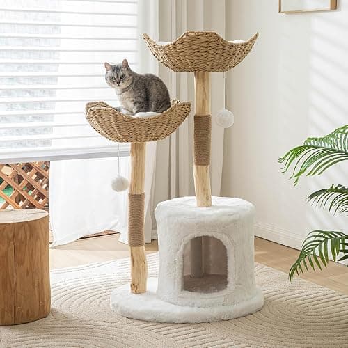 PISARRY Cat Tree Tower, 46 inch Modern Cat Tree for Indoor Cats Large Adult, Luxury Cat Condo with Scratching Post, Real Solid Wood Branch Indoor Boho Furniture, Climbing Tower, White - Image 1