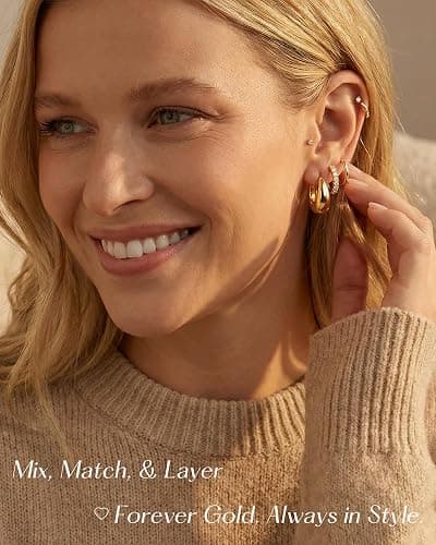 9 Pairs Gold Huggie Hoop Earrings for Women, 14K Gold Plated Stackable Set | Hypoallergenic Small Hoop Earrings, Lightweight Comfortable Huggies, Non Tarnish, Multiple Piercing Set, Great Gift for Women thumbnail 4