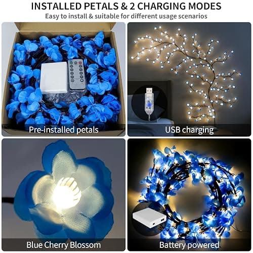 FNHMSL Cherry Enchanted Willow Vine Lights, 7.55FT 144LED Blue Cherry Blossom Tree Branch Lights for Wall, Remote Timer,8 Light Model,Bedroom Wall Doors Wedding, Christmas, USB Battery Box thumbnail 4