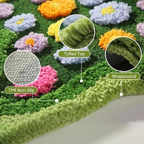 Floral Spring Moss Green Area Rug for Bedroom Living Room, Irregular Cute Non-Slip Bathroom Mat, Washable Aesthetic Accent Carpet for Women Dorm, Unique Floral Floor Rug for Boho Home Decor thumbnail 4