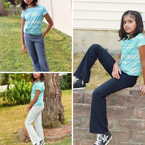 BIG ELEPHANT Girl's Flare Leggings with Pockets, Kids Bootcut Yoga Pants, High Waisted Bell Bottoms for Dance - Black+dark Gray+light Gray - Medium thumbnail 2