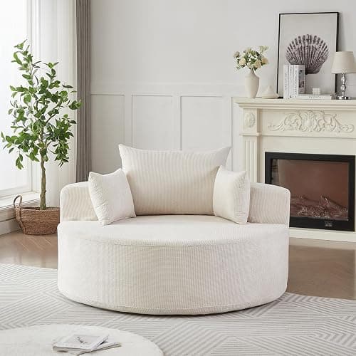 Antetek Oversized Round Chaise Longue Chair Indoor, Modern 55-inch Upholstered Waffle Chenille Deep Seat Circle Single Cloud Lounge Floor Sofa Chair for Living Room, Bedroom Apartment, Beige thumbnail 9