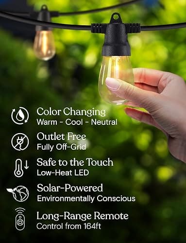 Brightech 48 (42+6) FT Ambience Pro Outdoor Solar String Lights - Bright Remote Control Color Adjustable Solar Light - Commercial Grade, 15 Waterproof LED Bulbs for Patios, Camping, Yard, Outside thumbnail 8