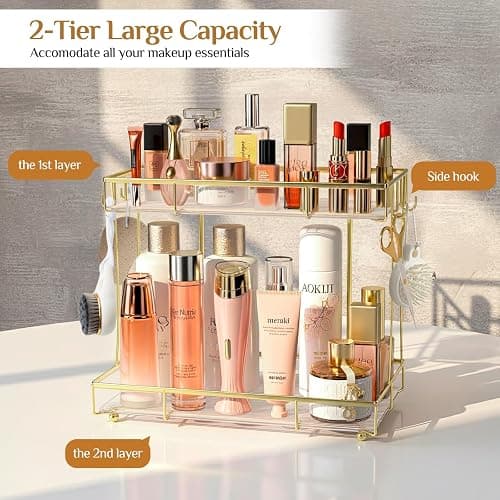 Megier Bathroom Organizer Countertop Perfume Organizer Makeup Organizer Cosmetics Storage Display Rack Vanity Tray Dresser Steel Gold Shelf Transparency Wavy Acrylic Tray (2 Tier Golden) thumbnail 4