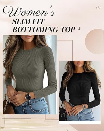 Ficerd 3 Pack Women's Ribbed Long Sleeve Tops, Crew Neck Slim Fit Undershirts Knit Basic Casual Stretch Layering Tee Shirts thumbnail 5