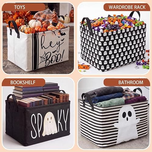 Chunful 4 Pcs Halloween Storage Baskets Black Hey Boo Cute Ghost Laundry Boo Basket Horror Scary Hamper Foldable Storage Bins with Handle Collapsible Organizer for Home Closet Office Bedroom thumbnail 7