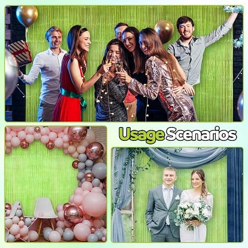 Fanfanwin Neon Green Streamers Backdrop 3.28 x 8.2 ft Lime Green Foil Fringe Curtain Metallic Tinsel Door Streamers for Birthday Bachelorette Christmas, New Year, Disco Party, Neon Party Decorations - 1 thumbnail 5