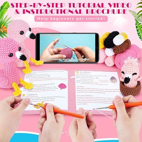 Crochet Kit for Beginners -Flamingo Family Crochet Kits with Step-by-Step Video Tutorials, Beginner Crochet Kit for Adults, Crochet Animal Kit for Kids, 3PCS Flamingo Crocheting Set(Pink) thumbnail 2