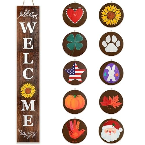 Perfnique Interchangeable Welcome sign for front porch standing, 47 x 7.9 Inch Black Wooden Leaner Sign with 10 Interchangeable Designed Icons, Morden Farmhouse Rustic Seasonal Decor for Spring thumbnail 7