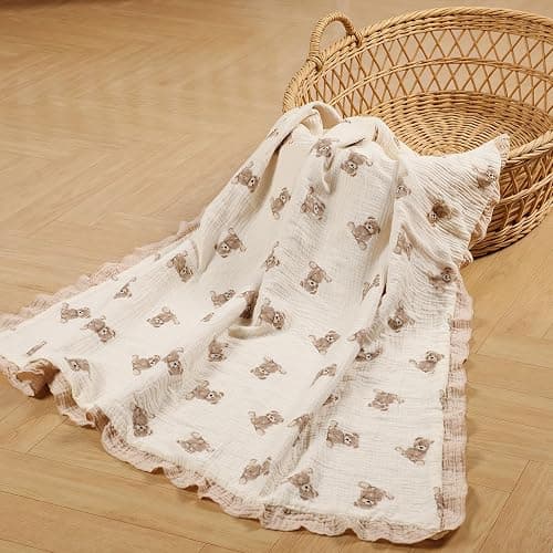 100% Organic Cotton Muslin Baby Blanket Flounce Edge Large 50"x43" Teddy Bear, Soft Breathable Toddler Quilt Crib Blankets Gender Neutral for Baby Boys and Girls Bassinet, Bed, Stroller & Snuggling thumbnail 8