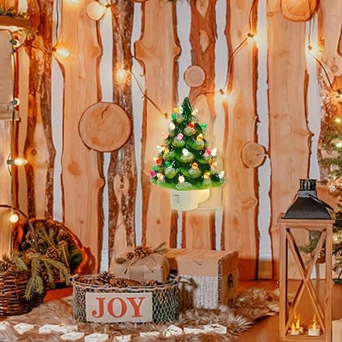 Hausse Christmas Ceramic Tree Night Light, Decorative Snow Covered Xmas Tree Nightlight with Lamp, Multicolor Bulbs & 360 Degree Swivel Plug with ON/Off Switch for Home Bathroom Bedroom Decor thumbnail 7