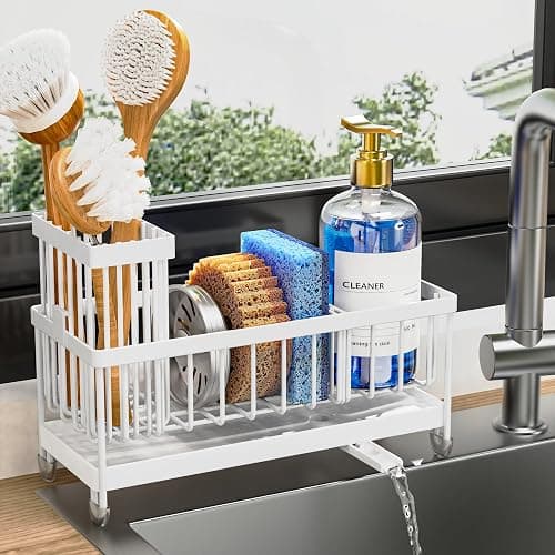 Cisily Sponge Holder for Kitchen Sink, Sink Caddy Organizer with High Brush Holder, Kitchen Countertop Organizers and Storage Essentials, Rustproof 304 Stainless Steel (Cool White, Large) - Image 1
