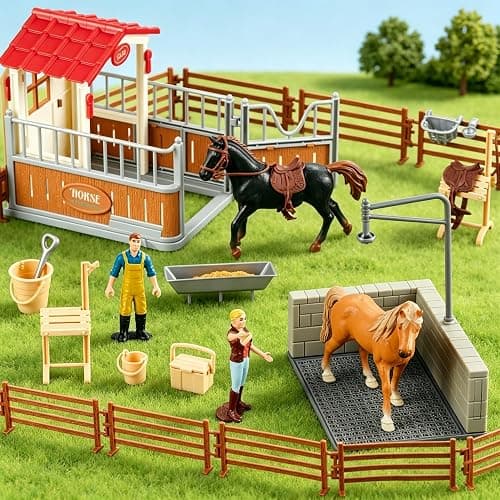 Peagrav Horse Stable Playset with Rider, Wash Area, Fence & Animal Figures - Gifts for Girls & Boys Aged 3-8 thumbnail 2