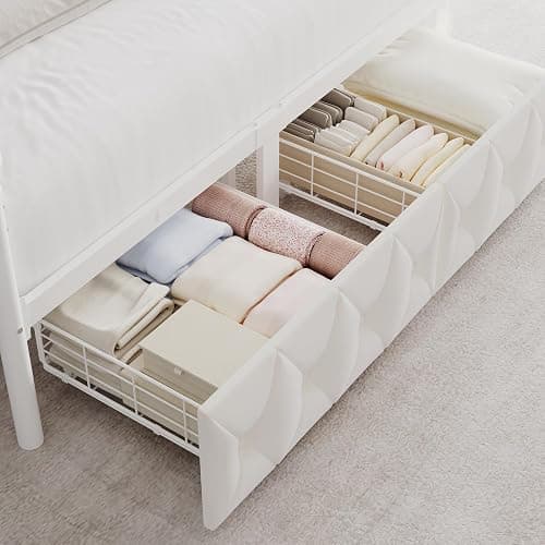Keyluv Queen Size Upholstered LED Canopy Bed Frame with Charging Station and Drawer, Button Tufted Crown Headboard with Storage Shelf, Two-Purpose Removable Four Poster Design Platform Bed, Beige thumbnail 8