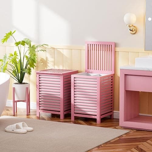 SMIBUY Double Laundry Hamper with Lid, 120L Bamboo Laundry Basket with Removable Liner Bag, 2-Section Clothes Divider Laundry Sorter for Laundry Room, Bathroom, Bedroom (Pink) thumbnail 2