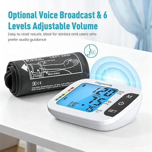 Maynovia Upper Arm Blood Pressure Monitor with Wide Cuff (8.6''–16.5''), Automatic Digital BP Machine for Home Use, Large Backlit Display, Voice Broadcast, Irregular Heartbeat Detection & 2×60 Memory thumbnail 4