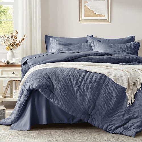 Zzlpp Queen Bedding Set 7 Pieces, Greyish Blue Seersucker, All Season Comforter Set with 1 Comforter, 2 Pillow Shams, 2 Pillowcases, 1 Flat Sheet, 1 Fitted Sheet thumbnail 2
