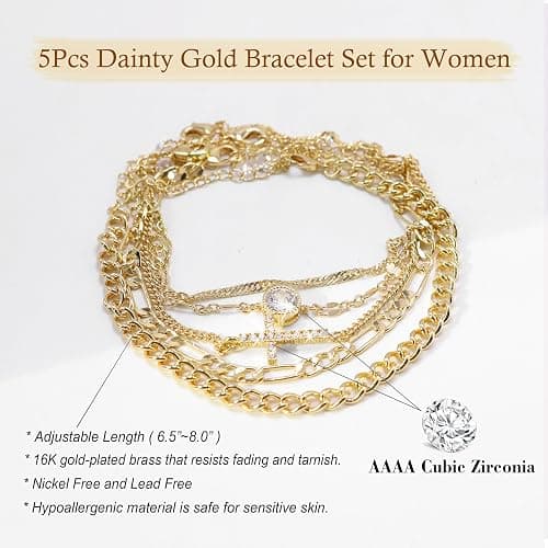 Gold Bracelets for Women Non Tarnish, Waterproof 16K Gold Plated Dainty Stackable Thin Chain Bracelet Set Cubic Zirconia Trendy Jewelry Gifts for Women thumbnail 5