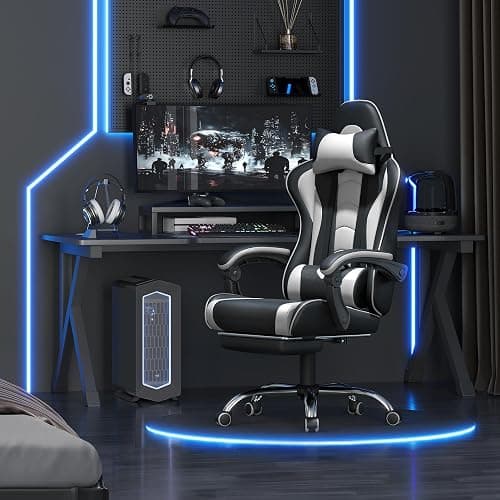 Yaheetech Gaming Chair, Video Game Chair with Massage Lumbar Support and Footrest Height Adjustable Ergonomic Computer Gaming Chair with Swivel Seat and Headrest, Black/White thumbnail 2