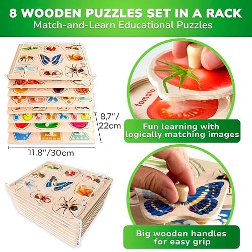 QUOKKA 8 Wooden Puzzles for Toddlers 1-3 - Toddler Montessori Puzzles Ages 2-4 in a Rack - Learning Alphabet, Numbers and Animals Toy for Kids 3-5 - Wood Games Gift for Boys and Girls thumbnail 2