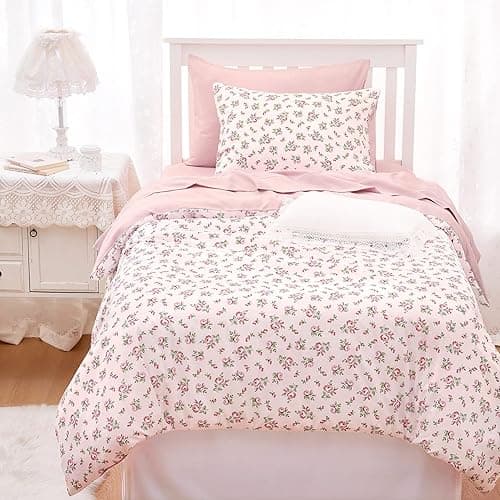 Wake In Cloud - Floral Comforter Set, Coquette Cottagecore Aesthetic Flower Shabby Chic Pattern for Women Teen Girls, Soft Lightweight Bedding, 3 Pieces, Pink, Twin/Twin XL Size - Twin/Twin XL - Pink thumbnail 4