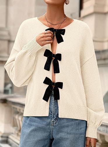PRETTYGARDEN Cardigan Sweaters for Women Fall Fashion 2025 Bow Tie Front Long Sleeve Knit Sweater Tops Cute Winter Clothes thumbnail 4