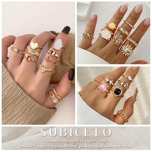 ⭐️Subiceto 70 Pcs Vintage Crystal Ring Set for Women, Stackable Knuckle Rings | 14K Gold Plated Ring Pack, Crystal Gem Snake Retro Boho Finger Rings, Multiple Size for Midi, Thumb, Joint, Knuckle, Stacking thumbnail 3