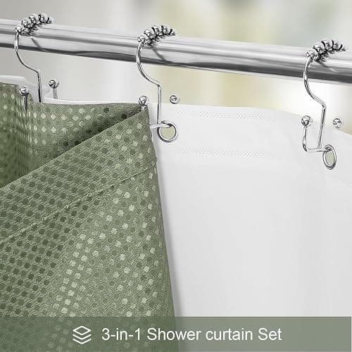 Craidlela 3 in 1 Shower Curtain Set, Sage Green Waffle Shower Curtain and PEVA Liner Set with 12 Stainless Steel Shower Curtain Hooks, Waterproof Fabric Shower Curtains for Bathroom, 72 W x 72 H thumbnail 3
