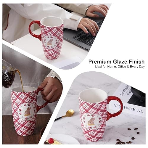 Topadorn Coffee Mug with Gift Box – 17 Oz Ceramic Travel Mug, Cute Bunny Cup with Spill-Proof Lid, Microwave & Dishwasher Safe, Pink Grid Rabbit Design thumbnail 6