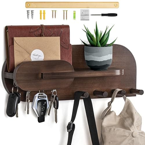 Solid Wood Mail and Key Holder for Wall Decorative Display - Includes Mail Holder, Shelf with Hooks for Keys & Pegs for Hanging Hats, Coats, Bags, Backpacks & More - Sleek Modern Design, Walnut Brown - Image 1
