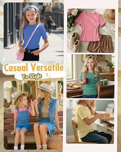 LessonZoo 4 Pack Girls Short Sleeve Tops Ribbed Cotton Lettuce Trim T Shirts Crew Neck Cute Basic Tees for Kids Teen 5-14Y thumbnail 4