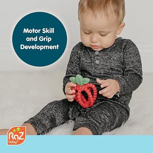 RaZbaby Bites Silicone Baby Teething Toy – Sensory Toy with Textured BerryBumps for Teething Relief, Easy-to-Hold Fruit Shape, BPA-Free, Soothes Front & Back Teeth – Gift for Babies, 3 Months+, Pink thumbnail 2