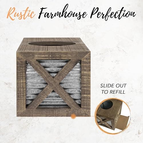 Autumn Alley Barn Door Rustic Square Farmhouse Tissue Box Cover, Farmhouse Bathroom Accessories, Rustic Bathroom Décor Tissue Holder, Wood Tissue Box Cover with Galvanized Decor thumbnail 8