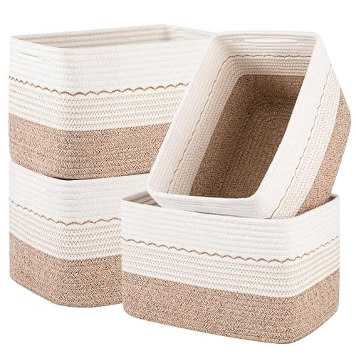 OIASKET 4 Pack Storage Baskets for Organizing, 13"X9"X7.87", Decorative Cotton Rope Baskets for Shelves, Small Woven Basket for Toys, Books and Towels, Brown & White - Image 1