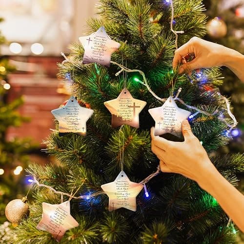 Suilung 6 Pcs Christmas Christian Ornaments Star Shaped Bible Verse Double Side Printing Ceramic Inspirational Religious Gifts Christmas Tree Hanging Decor for Employee Women Men thumbnail 5