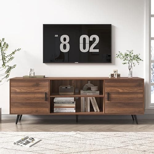 AUXSOUL 70 Inch Mid Century Modern TV Stand for 75 Inch TV, Wood TV Stand with Storage, Entertainment Center for Living Room Bedroom, TV Media Console, Walnut - Image 1