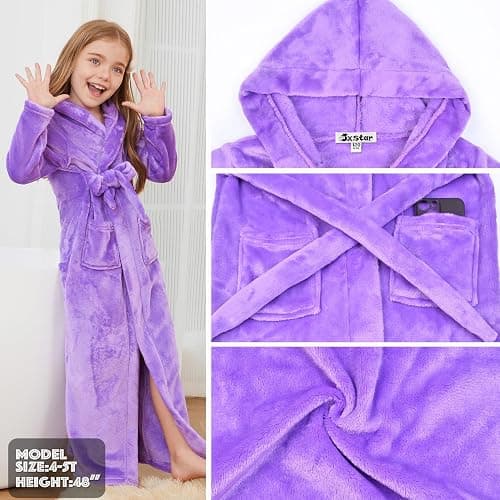 Jxstar Girls Bathrobes Kids Long Hooded Robes Plush Full Length Coral Fleece Pajamas Sleepwear thumbnail 5